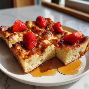 Slices of sheet pan pancakes topped with fresh strawberries and maple syrup on a white plate.