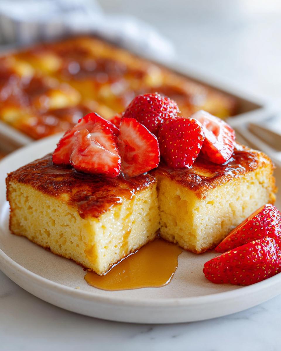 Two slices of sheet pan pancakes topped with fresh strawberries and maple syrup on a white plate.