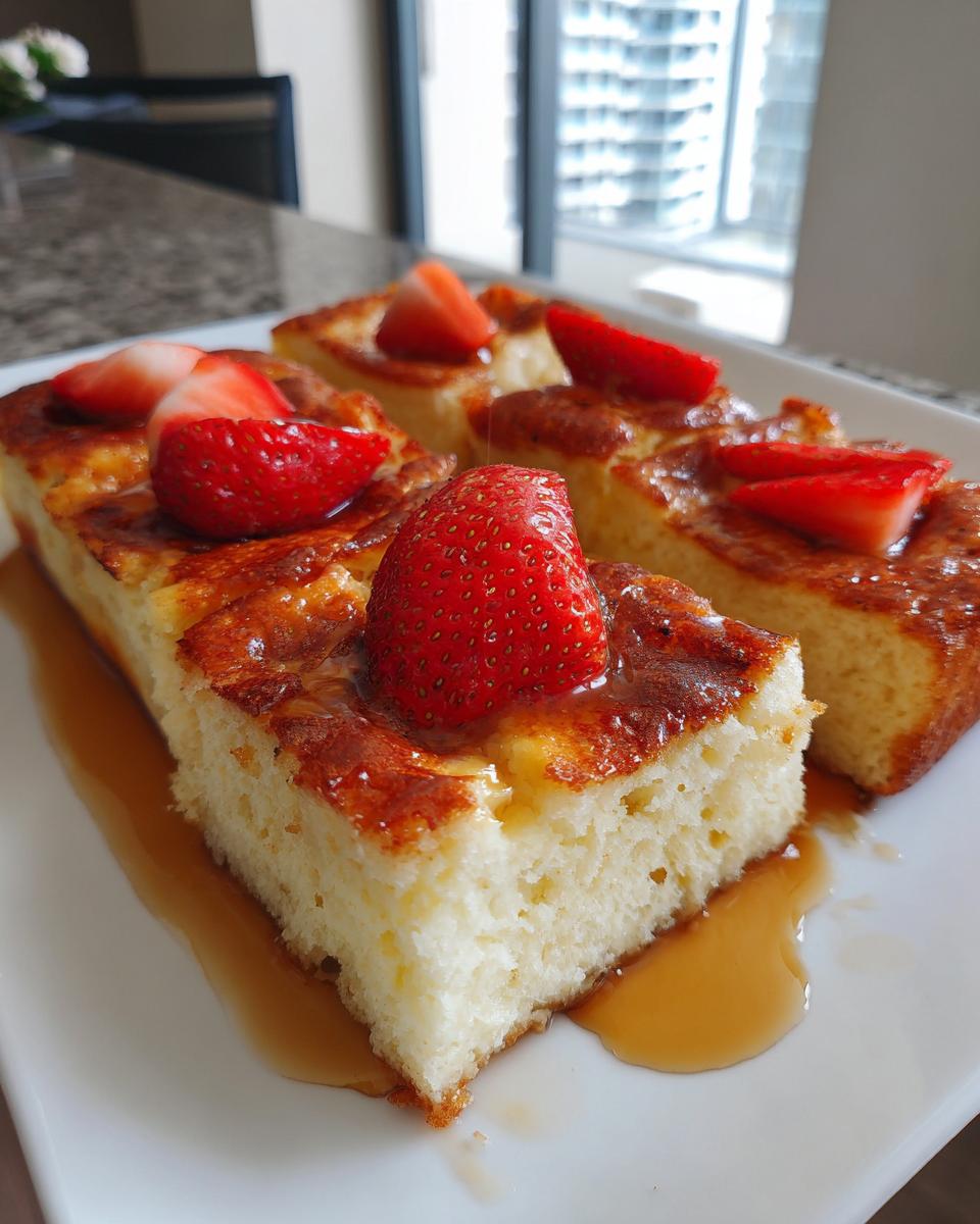 Slices of fluffy sheet pan pancakes topped with fresh strawberries and drizzled with syrup on a white plate.