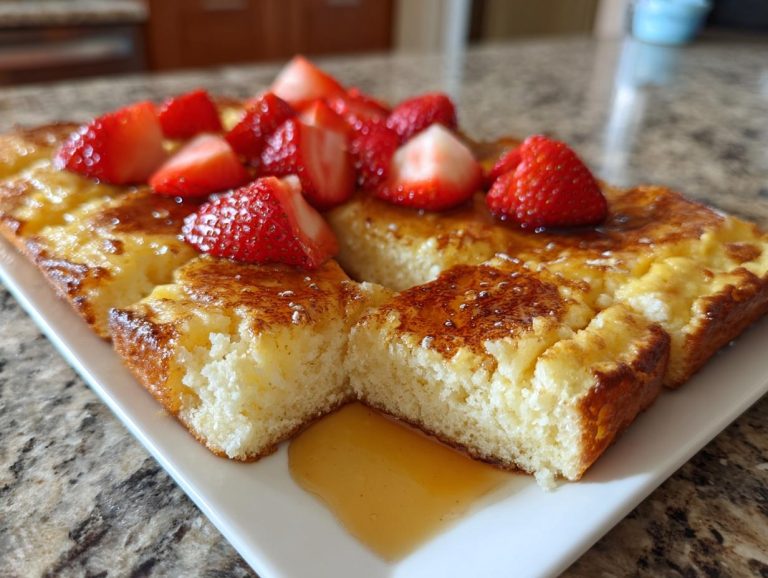 Close up of sheet pan pancakes topped with fresh strawberries and syrup on a white plate.