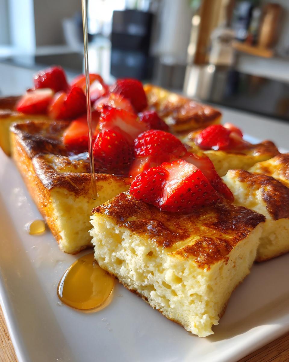 Close-up of sheet pan pancakes topped with fresh strawberries and drizzled with syrup.