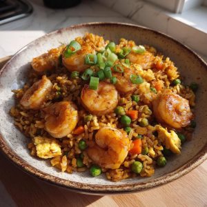 A bowl of homemade shrimp fried rice with large shrimp, peas, carrots, and egg, garnished with green onions.