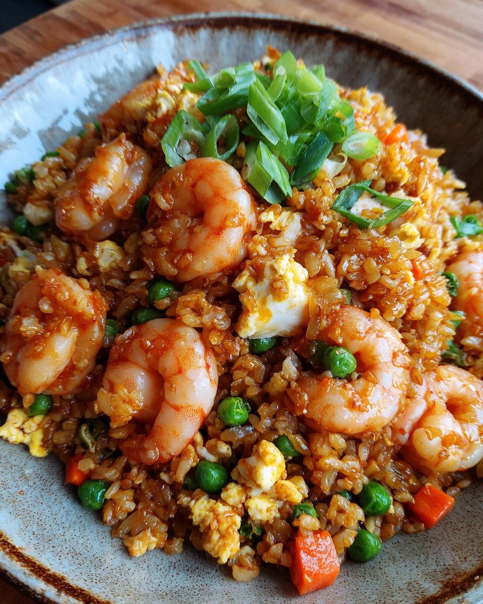 Close-up of a bowl of shrimp fried rice with large shrimp, peas, carrots, and green onions.