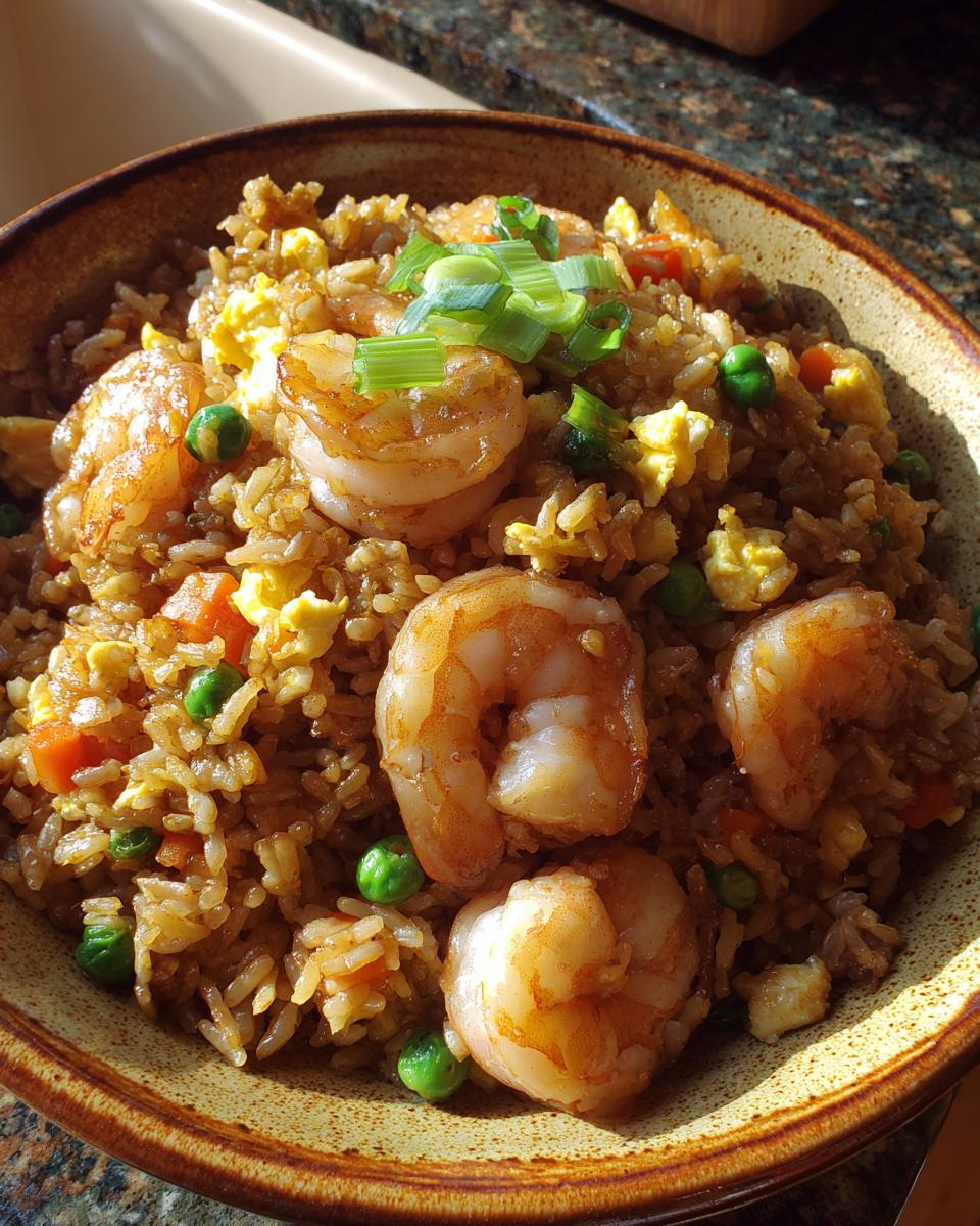 A bowl of homemade shrimp fried rice with large shrimp, peas, carrots, and egg.