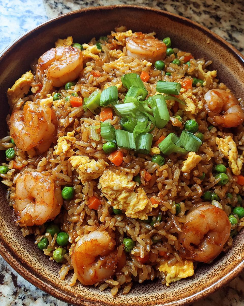 Close-up of a bowl of shrimp fried rice with shrimp, peas, carrots, egg, and green onions.