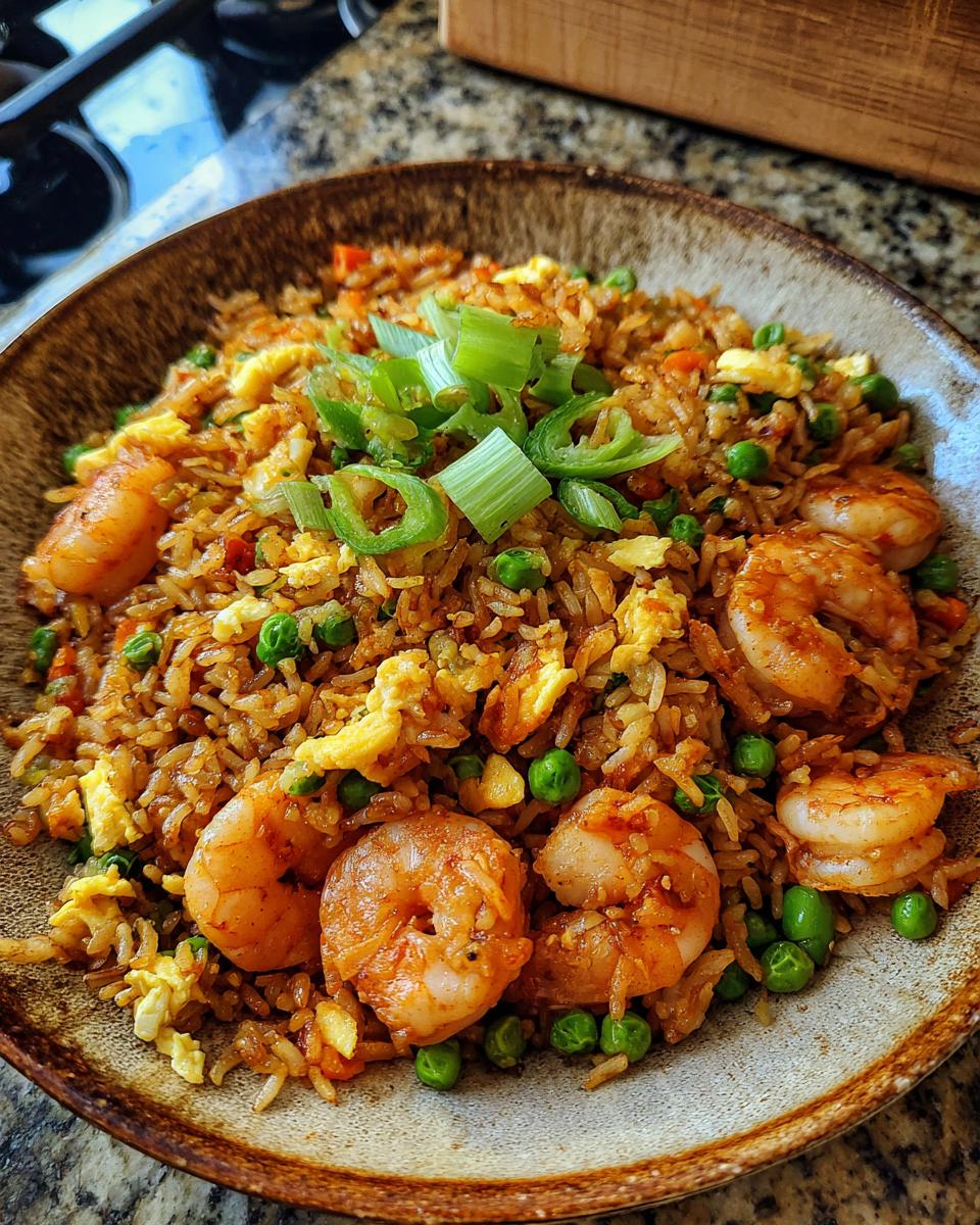 A bowl of flavorful shrimp fried rice with shrimp, peas, eggs, and green onions.