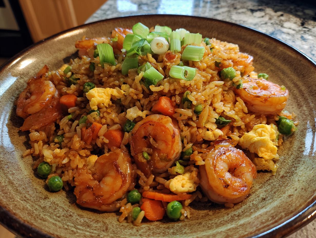 A bowl of homemade shrimp fried rice with shrimp, peas, carrots, egg, and green onion garnish.