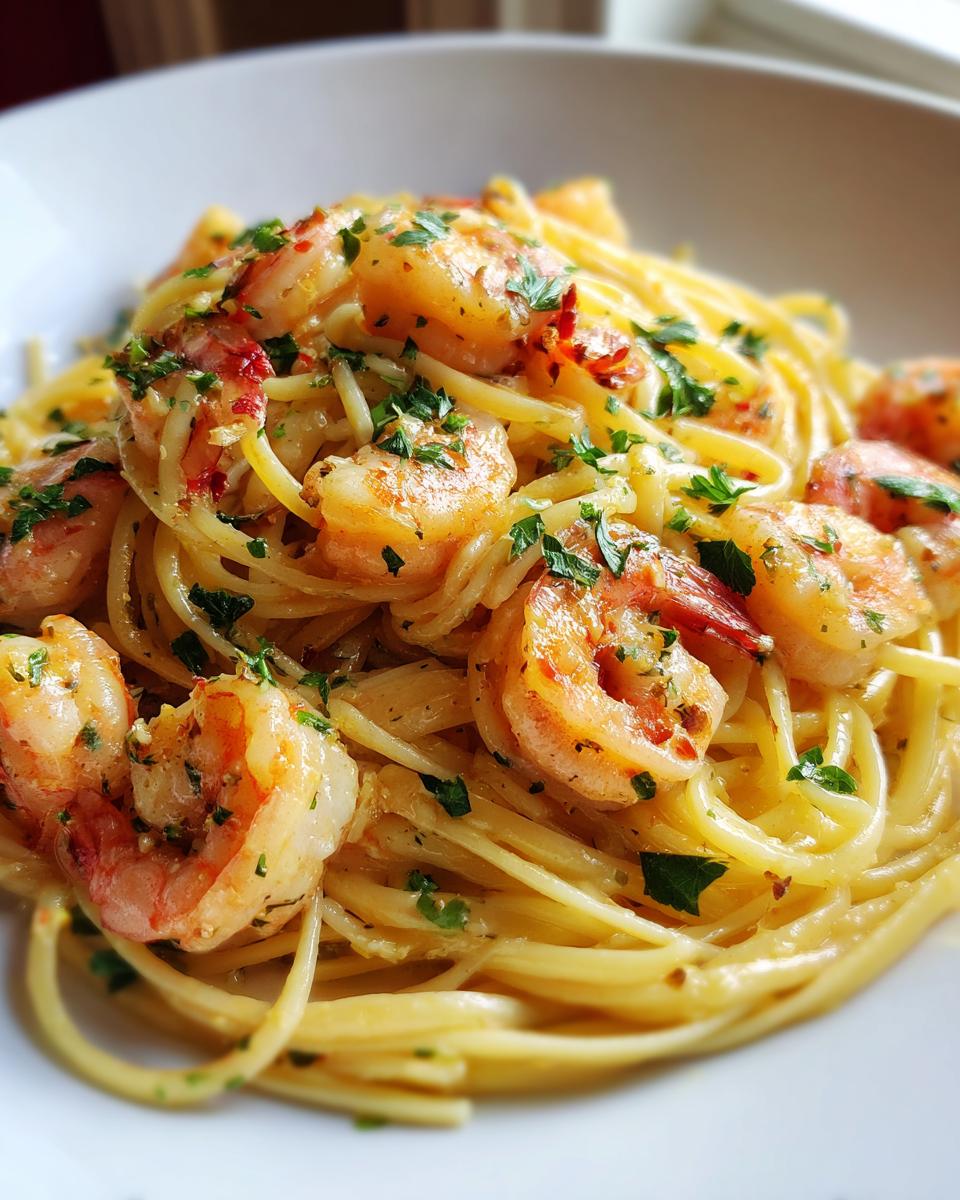 Close-up of a bowl of Shrimp scampi pasta, featuring juicy shrimp and fresh parsley.