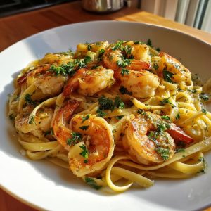 A plate of Shrimp scampi pasta, featuring linguine, succulent shrimp, garlic butter sauce, and fresh parsley.