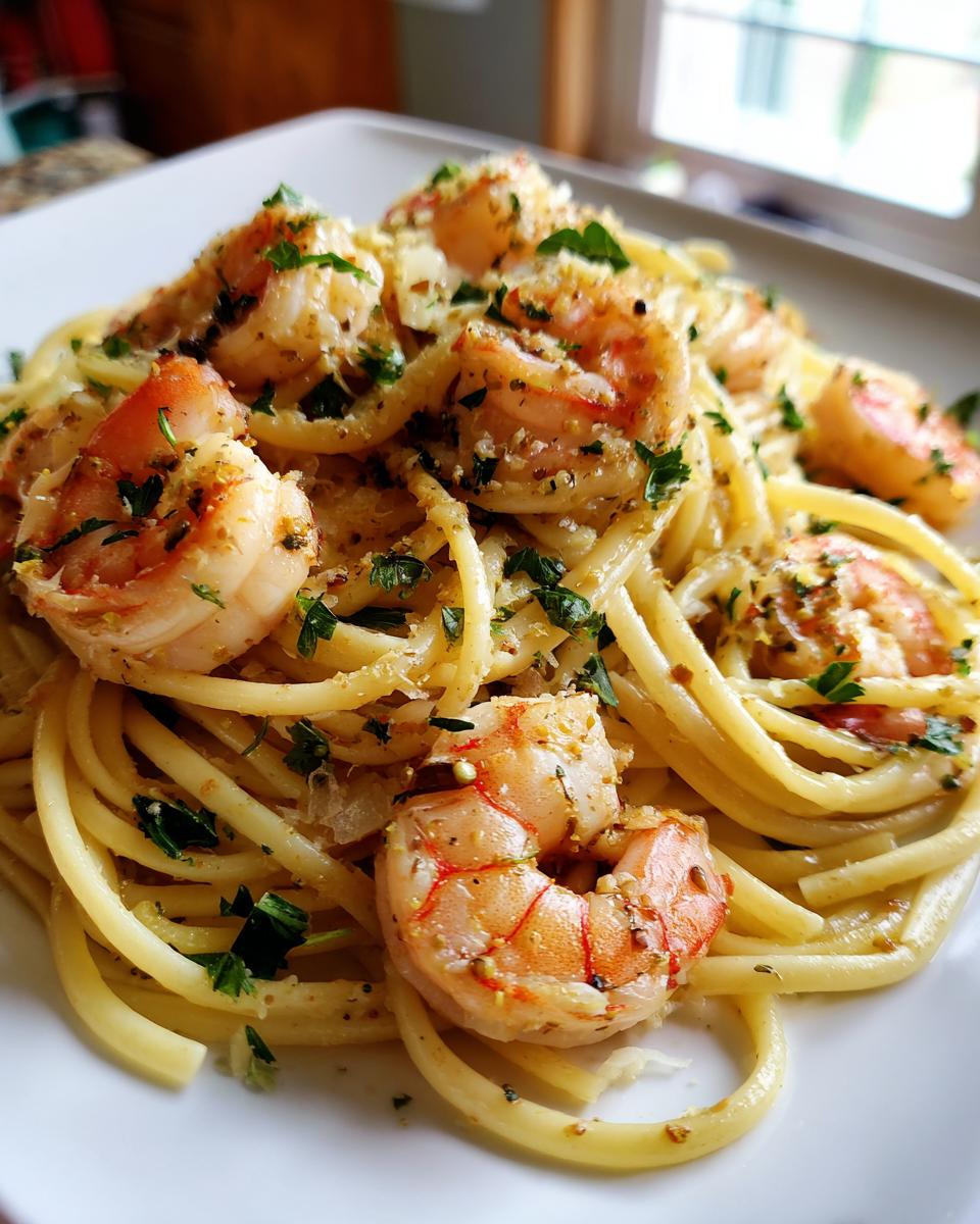 Close-up of shrimp scampi pasta with parsley on a white plate, ready to eat. 