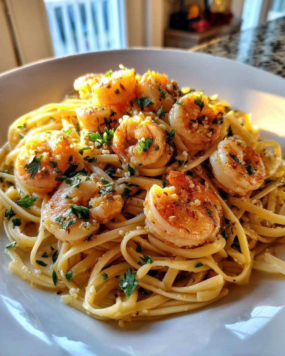 A plate of shrimp scampi pasta, featuring linguine, succulent shrimp, garlic, and parsley.