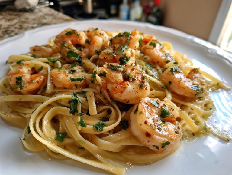 A plate of Shrimp scampi pasta featuring linguine, succulent shrimp, garlic butter sauce, and fresh parsley.
