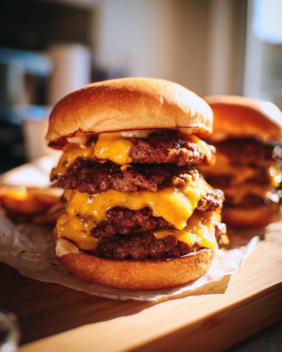 A towering smash burger recipe with multiple patties and melted cheese on a brioche bun.