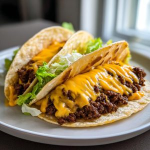 Two smash burger tacos filled with seasoned ground beef, melted cheese, and lettuce on a white plate.