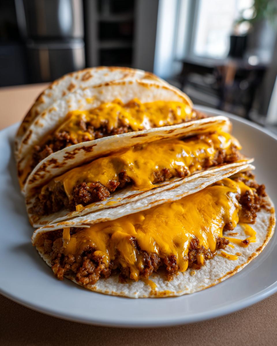 Three smash burger tacos filled with seasoned ground beef and melted cheddar cheese, ready to eat.