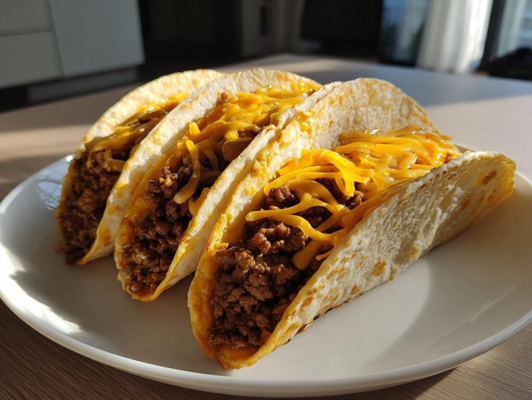 Three smash burger tacos on a white plate, filled with seasoned ground beef and shredded cheddar cheese.
