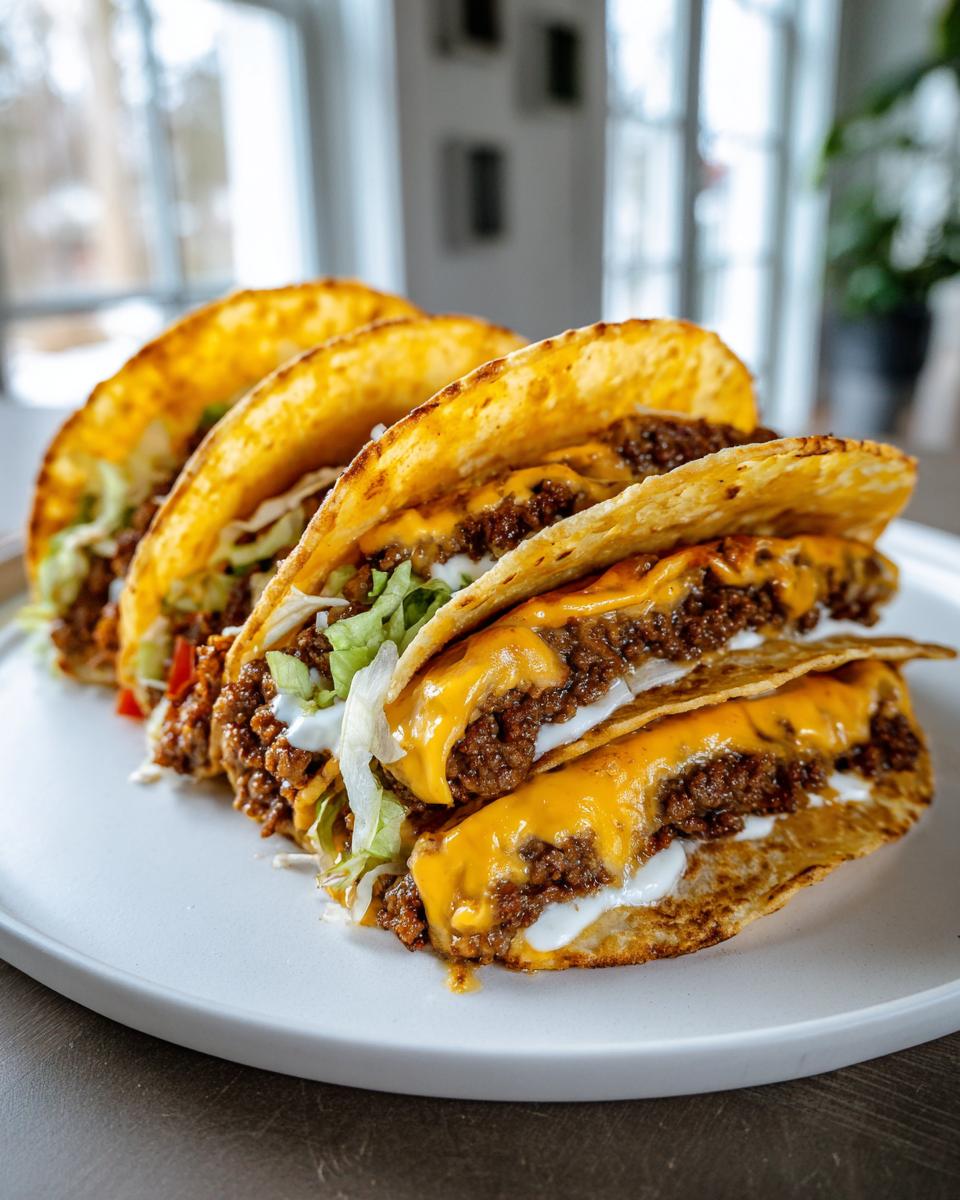 Three smash burger tacos filled with ground beef, cheese, lettuce, and sauce on a white plate.