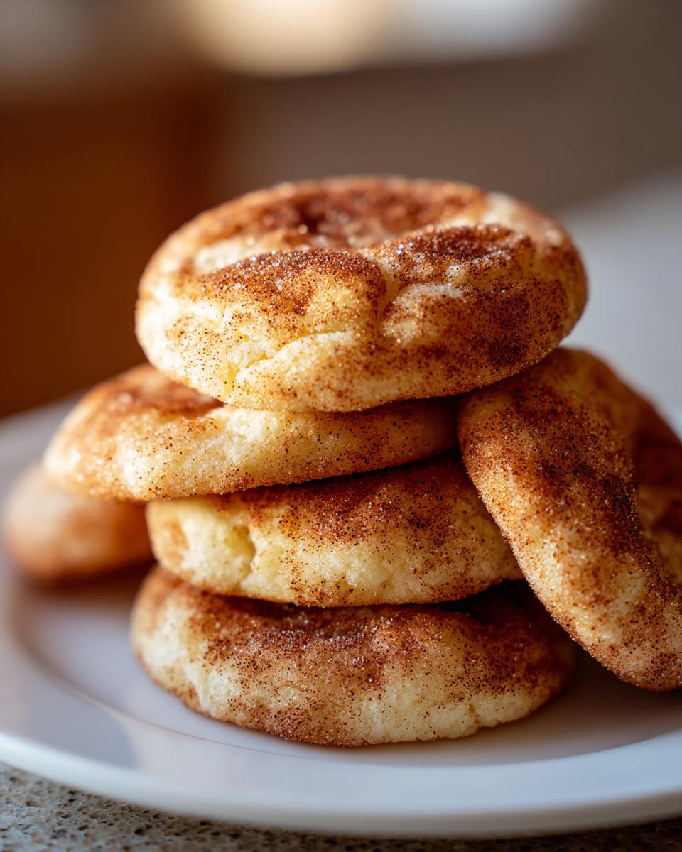 A stack of soft and chewy snickerdoodle cookies, coated in cinnamon sugar.