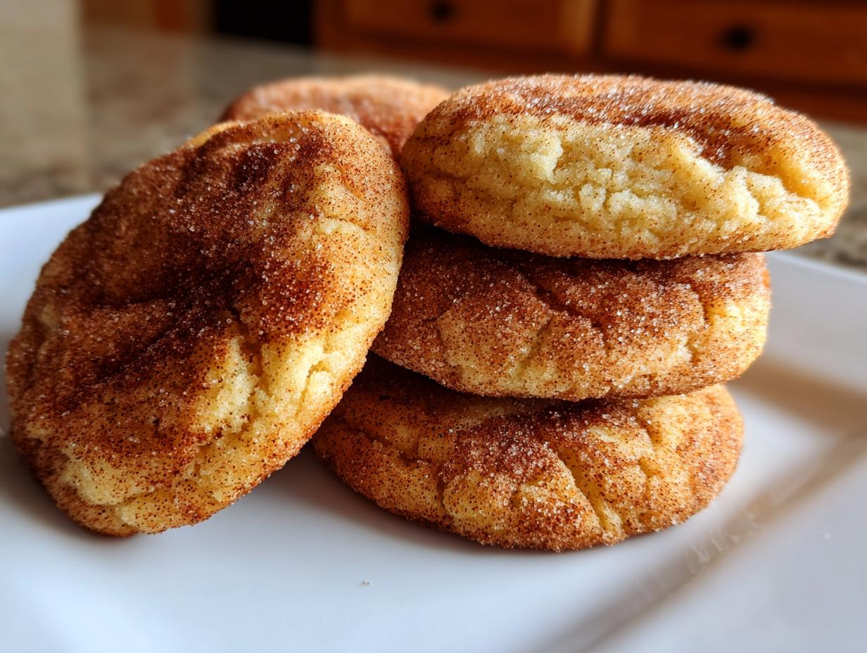 A close-up stack of soft and chewy snickerdoodle cookies, coated in cinnamon sugar.