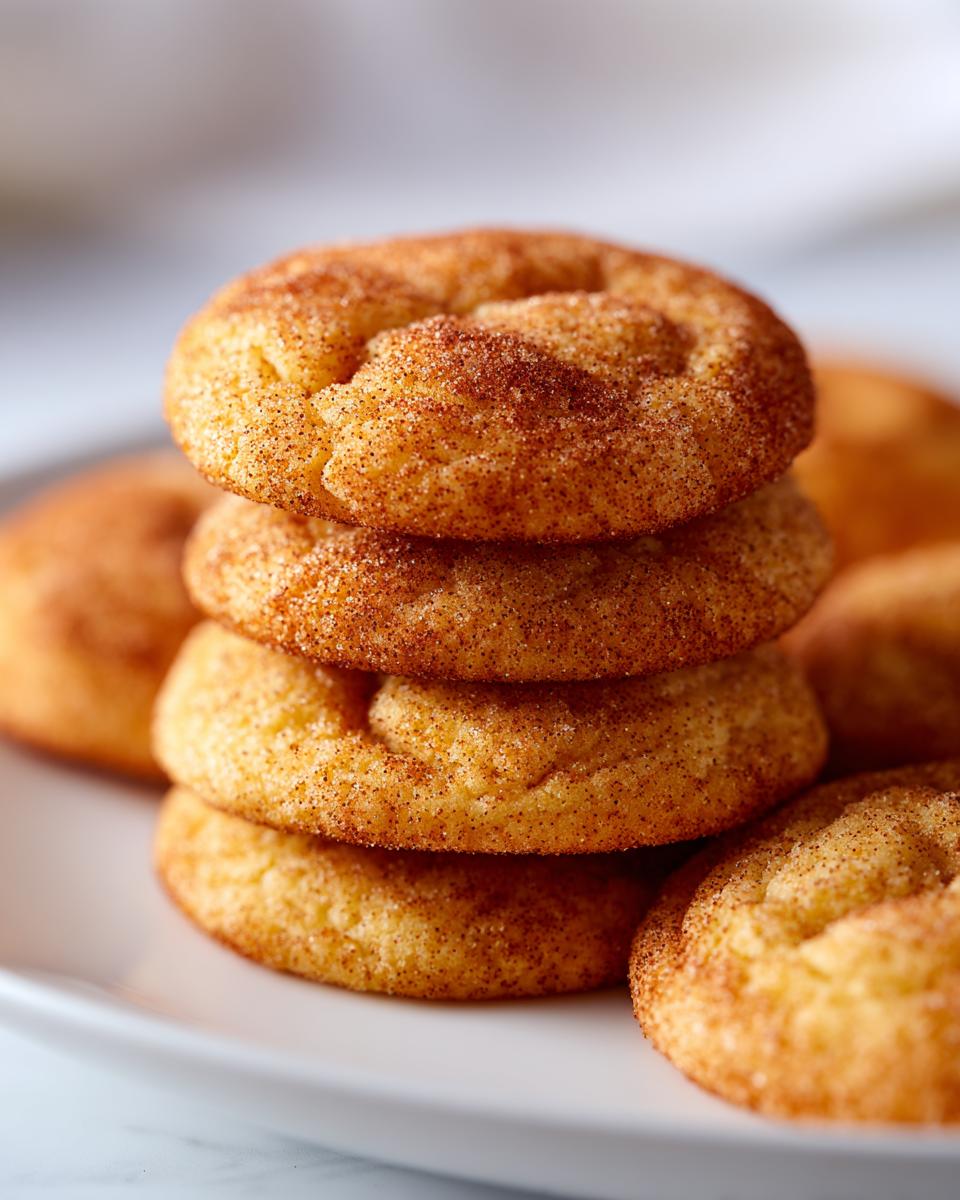 A close-up stack of soft and chewy snickerdoodle cookies, coated in cinnamon sugar.