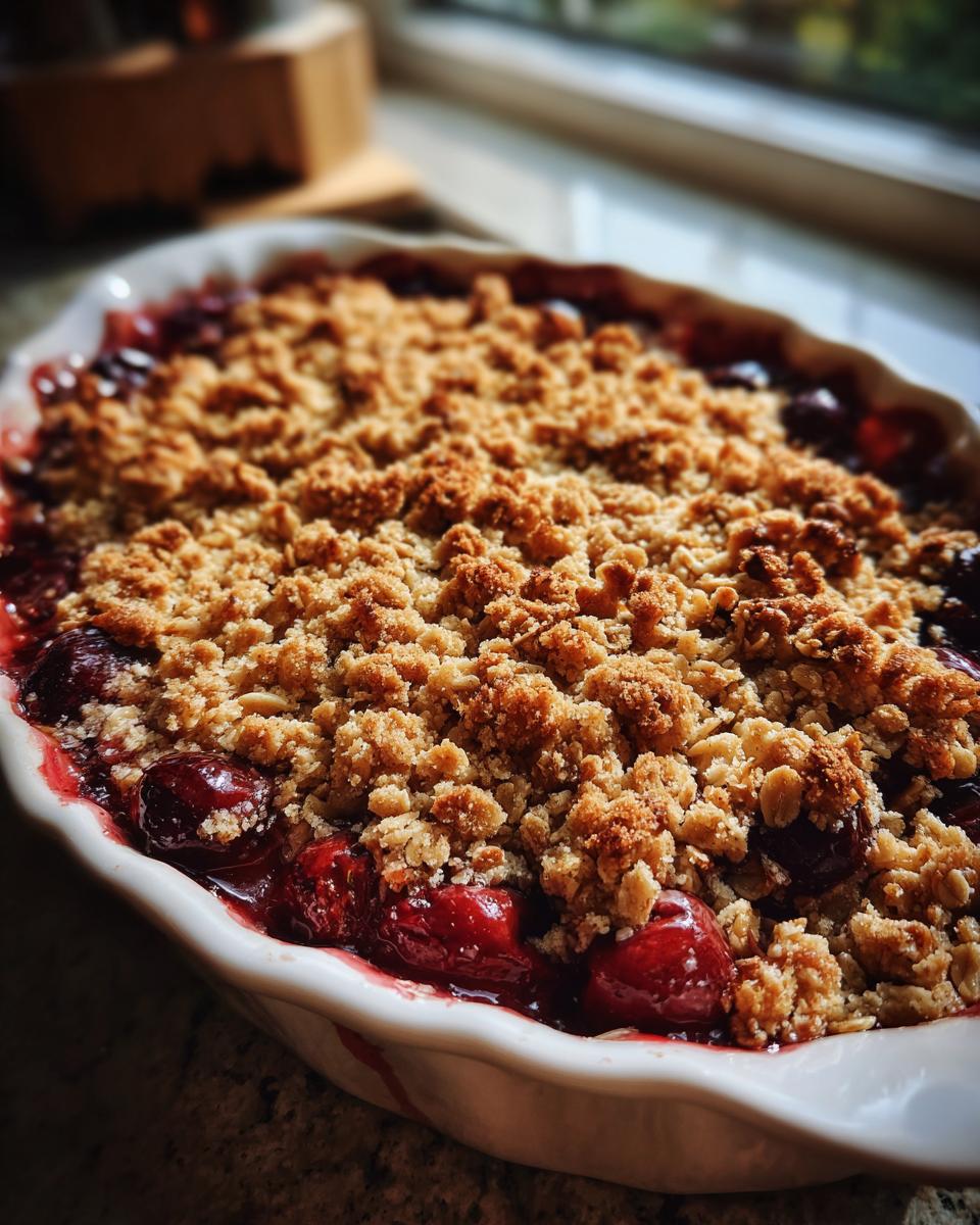 Close-up of a freshly baked sour cherry crisp with a golden brown crumble topping in a white baking dish.