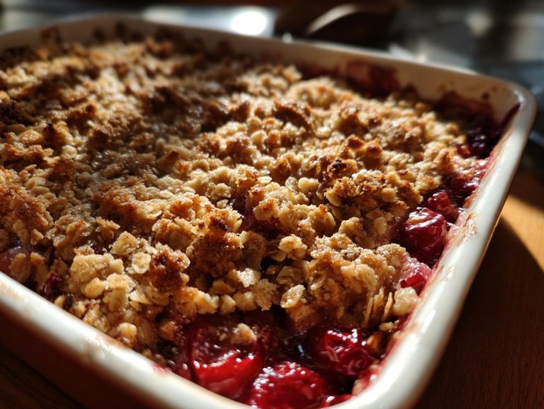 Close-up of a freshly baked sour cherry crisp with a golden brown oat topping in a white baking dish.