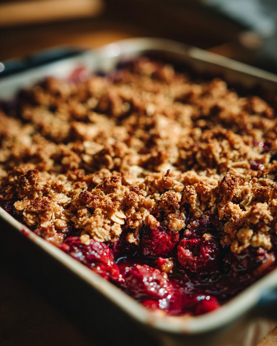 Close-up of a freshly baked sour cherry crisp with a golden brown crumble topping in a square baking dish.