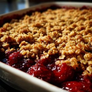 Close-up of a homemade sour cherry crisp with a golden brown crumble topping in a white baking dish.