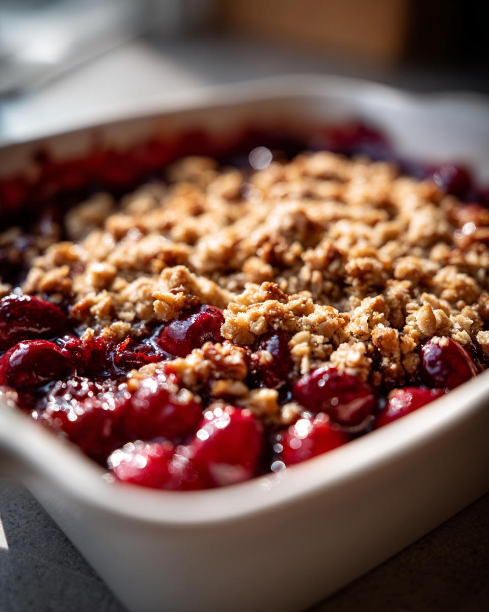 Close-up of a freshly baked sour cherry crisp with a golden brown topping in a white baking dish.