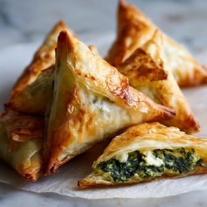 Close-up of several golden brown Spanakopita triangles, one cut open to show the spinach and feta filling.