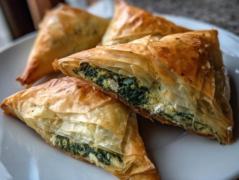 Close-up of flaky Spanakopita triangles filled with spinach and feta on a white plate.