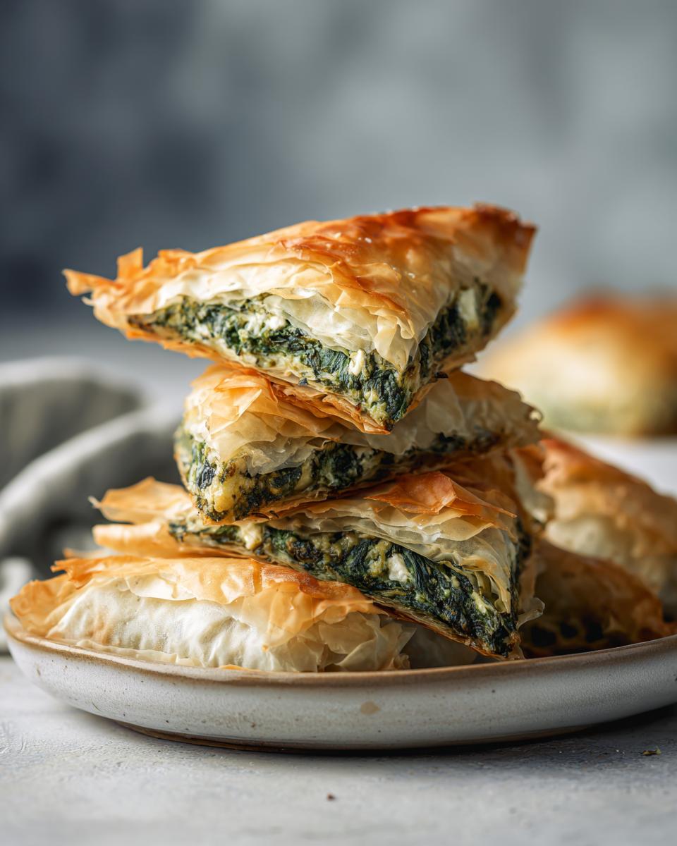 A stack of golden brown Spanakopita triangles filled with spinach and feta on a plate.