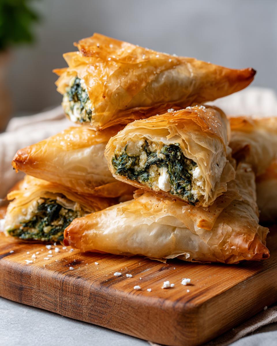 A stack of golden, flaky Spanakopita triangles filled with spinach and feta, on a wooden board.