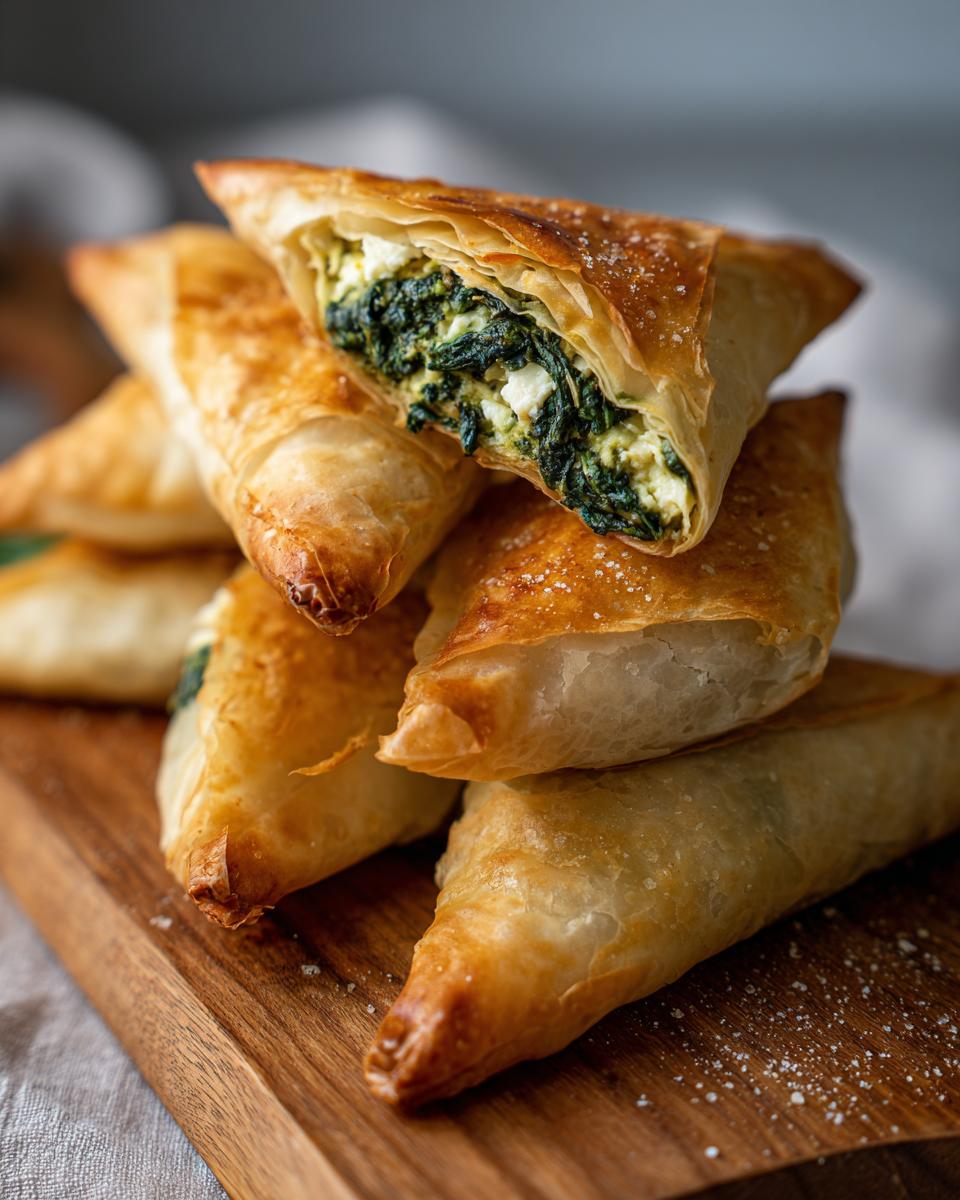 A stack of golden brown Spanakopita triangles on a wooden board, one triangle is cut open to show the spinach and feta filling.