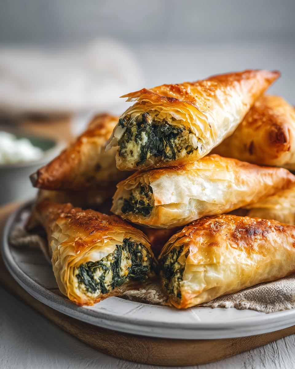 A stack of golden brown Spanakopita triangles filled with spinach and feta, served on a plate.
