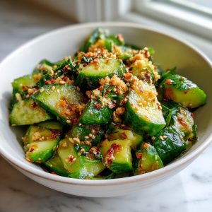 A bowl of refreshing spicy cucumber salad with sesame seeds and chili flakes.