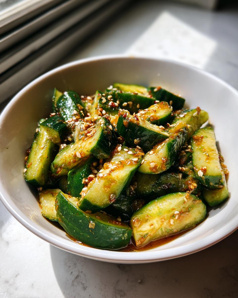 A white bowl filled with delicious spicy cucumber salad, coated in sesame seeds and a flavorful sauce.