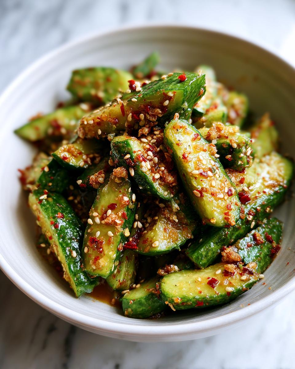 Close-up of a bowl of spicy cucumber salad with sesame seeds and chili flakes.