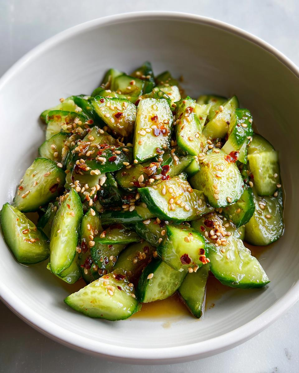 Bowl of vibrant spicy cucumber salad with sesame seeds and chili flakes, ready to eat.