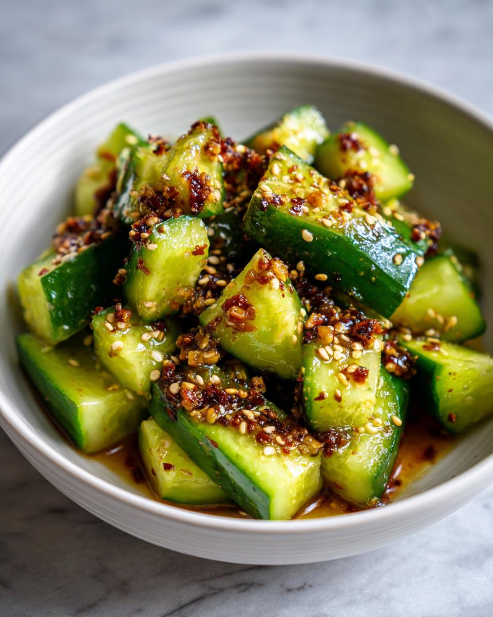 Close-up of a bowl filled with spicy cucumber salad, featuring chunks of cucumber and a chili-sesame dressing.