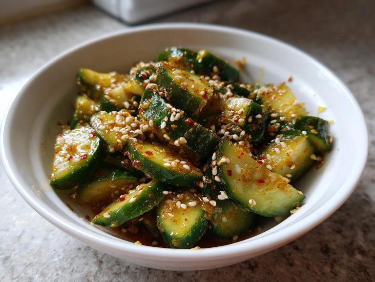 Close-up of a bowl of Spicy cucumber salad, featuring sliced cucumbers, chili flakes, and sesame seeds.
