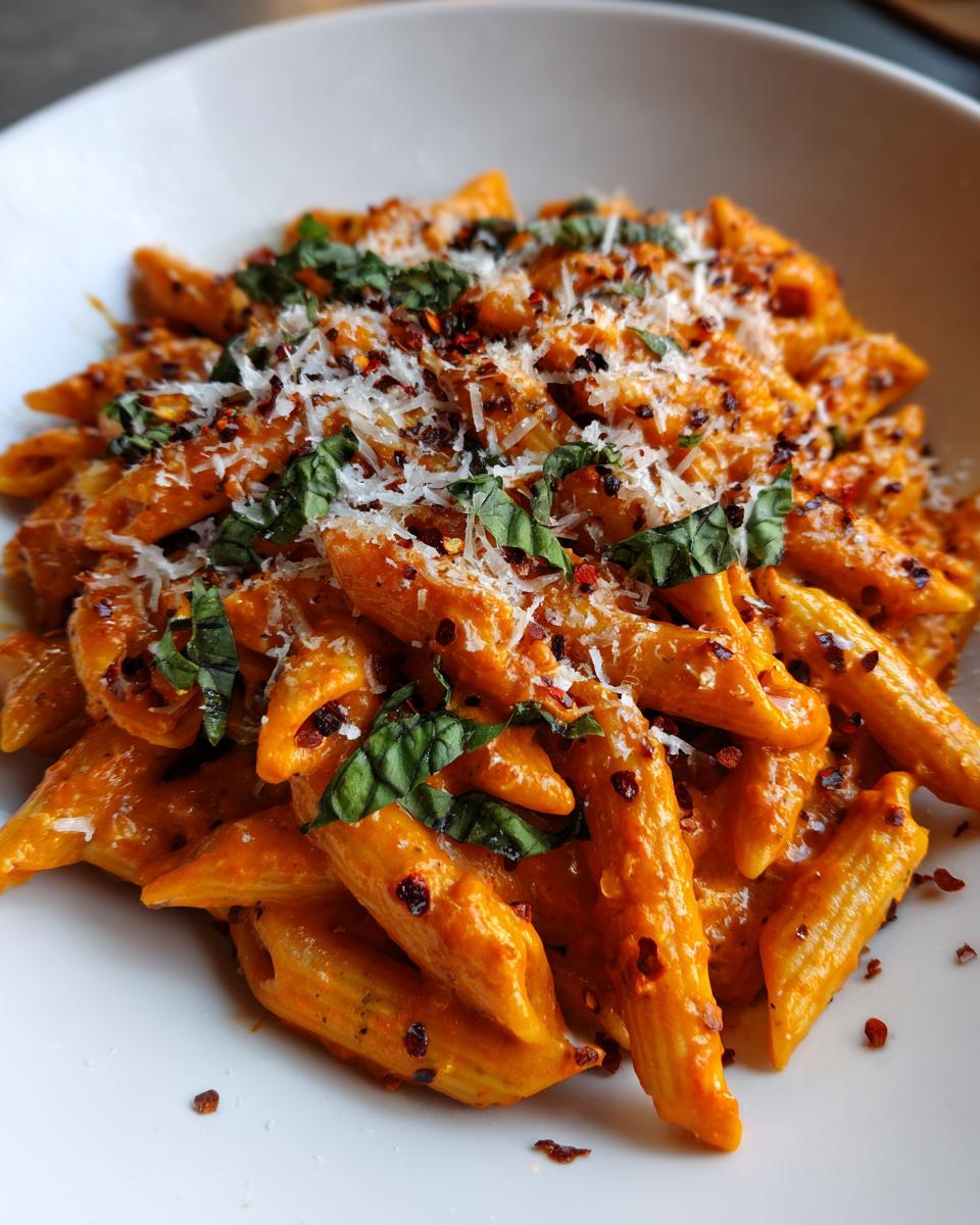 Close-up of a bowl of spicy vodka pasta, topped with fresh basil, parmesan cheese, and red pepper flakes.