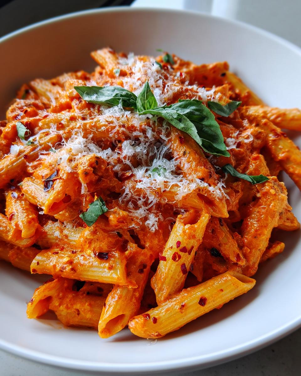 Close-up of creamy spicy vodka pasta in a white bowl, topped with parmesan cheese and basil.