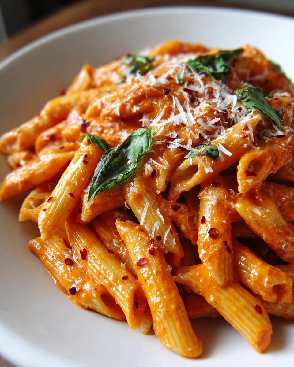 Close-up of spicy vodka pasta with penne, creamy tomato sauce, basil, parmesan, and red pepper flakes.