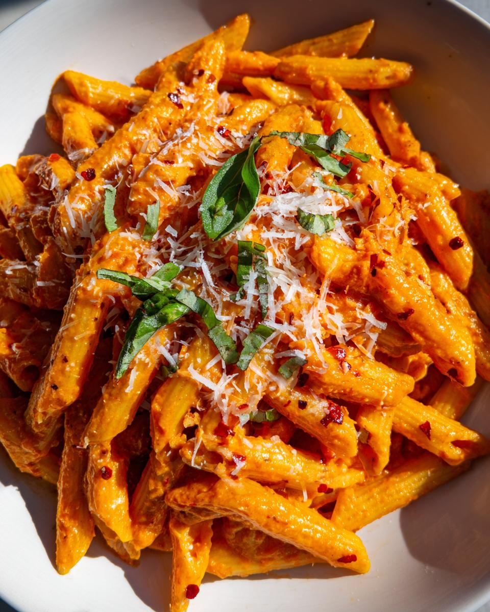 Overhead shot of spicy vodka pasta with penne, creamy sauce, parmesan, basil, and red pepper flakes.