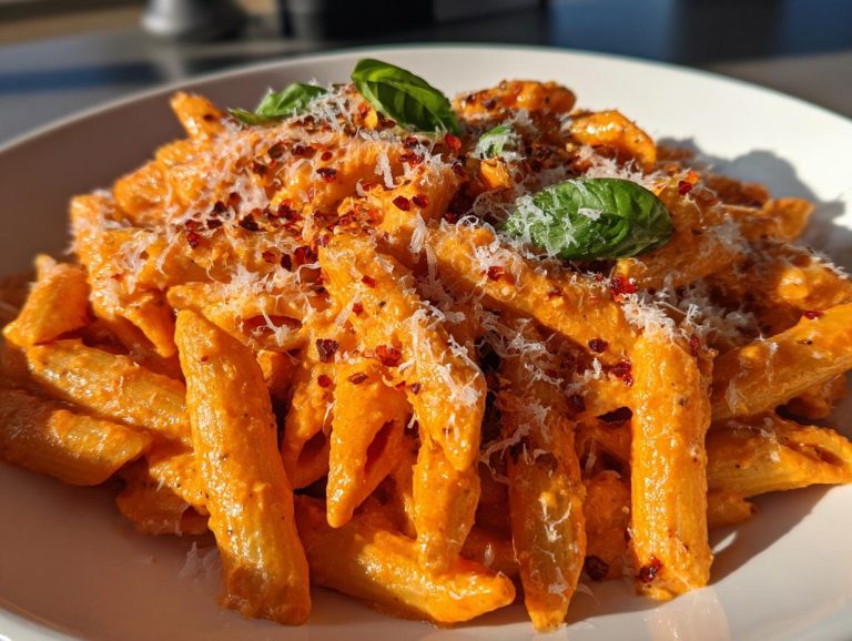 A plate of spicy vodka pasta with penne, topped with parmesan cheese, red pepper flakes, and basil.