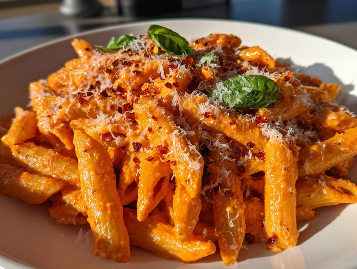 A plate of spicy vodka pasta with penne, topped with parmesan cheese, red pepper flakes, and basil.