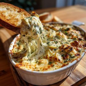 Close-up of cheesy Spinach Artichoke Dip being scooped with toasted bread, showing the creamy texture.