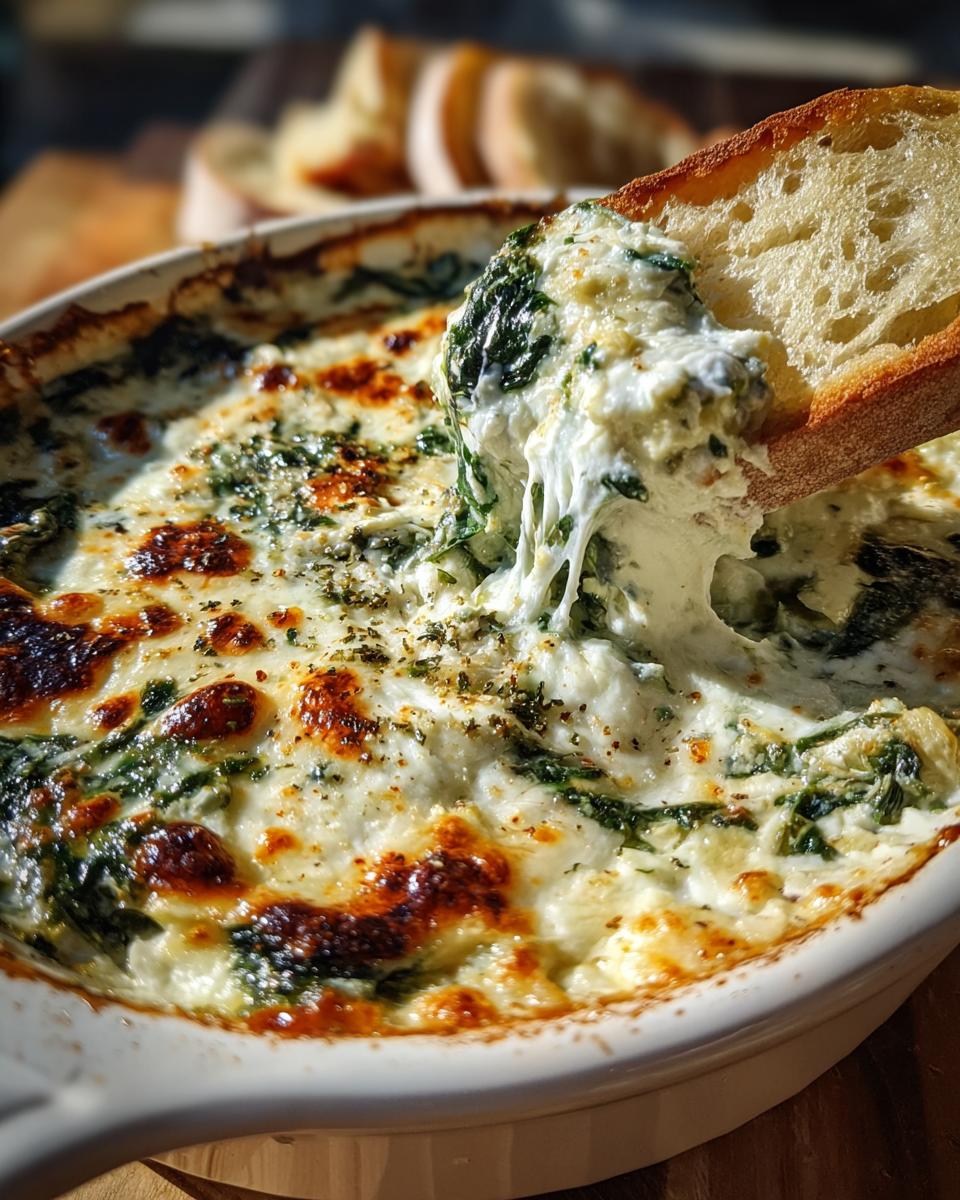 Close-up of Spinach Artichoke Dip being scooped with a slice of bread, showing creamy texture and melted cheese.