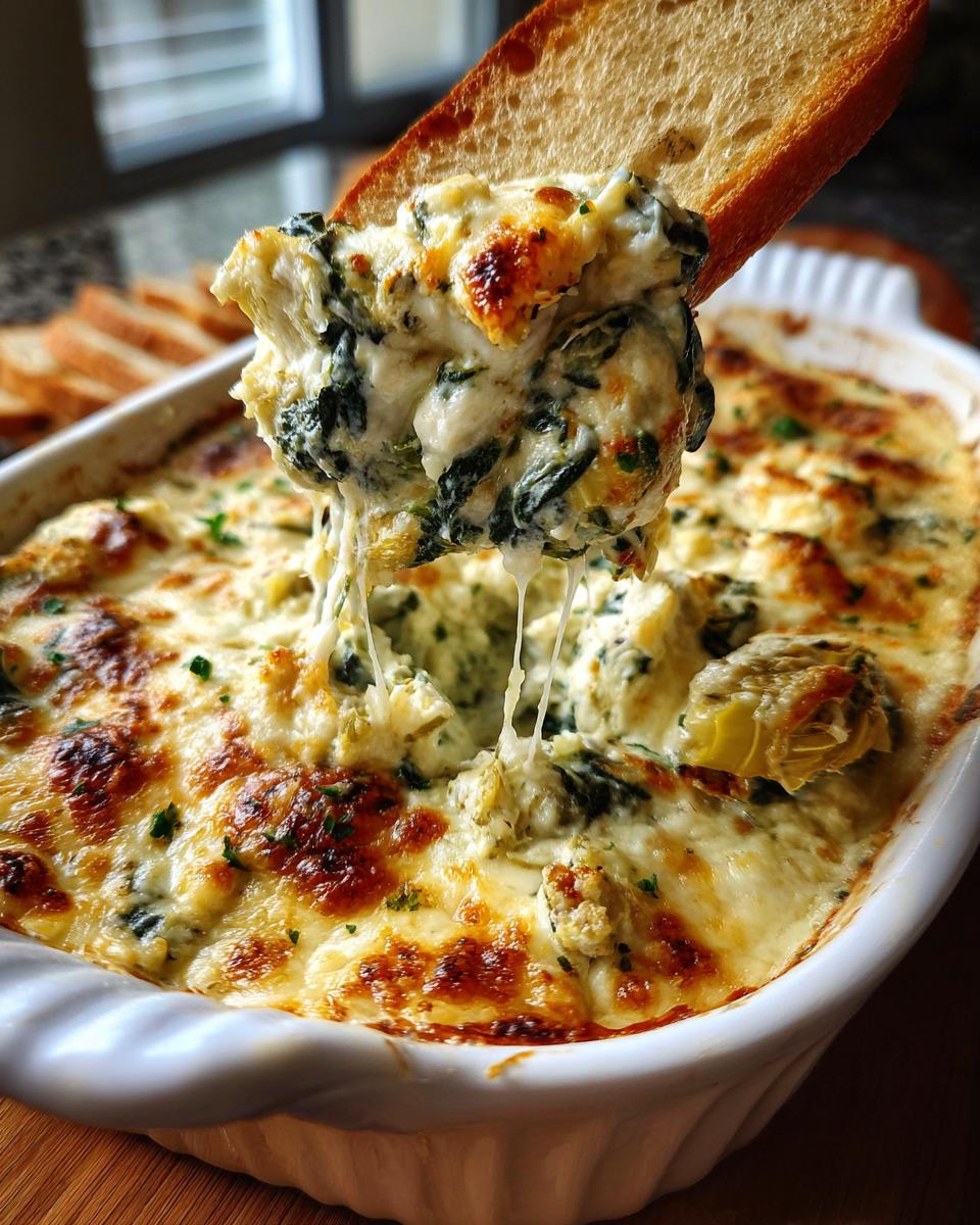 Close-up of creamy Spinach Artichoke Dip being scooped with a slice of toasted bread, cheese pull.